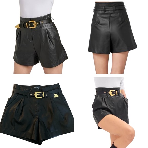 VENUS Black Faux Leather Shorts with Gold Buckle Belt. Size 12 - Picture 1 of 16